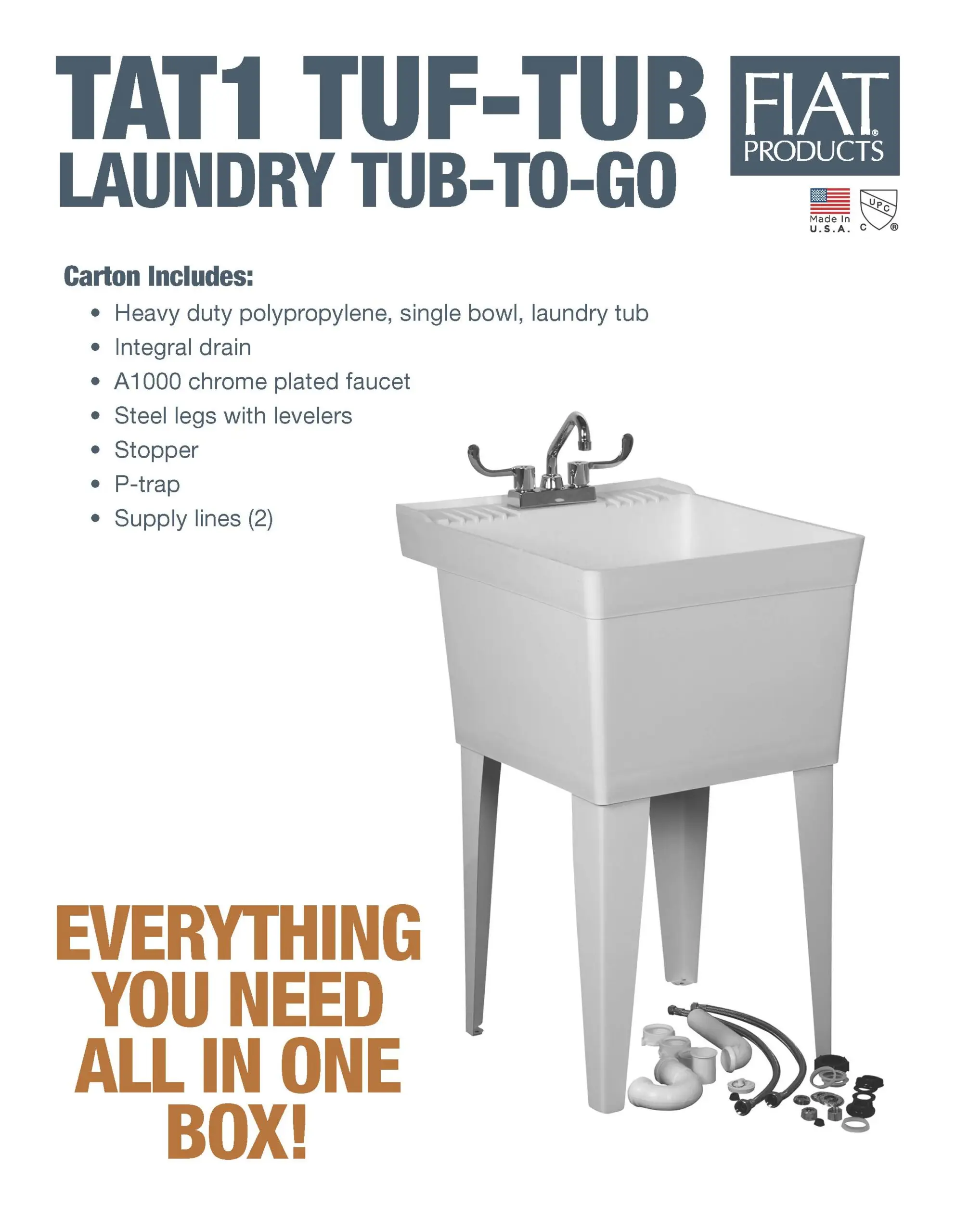 Fiat #TAT1 Poly Laundry Tub with Legs, A1000 CP Faucet, Risers & P Trap